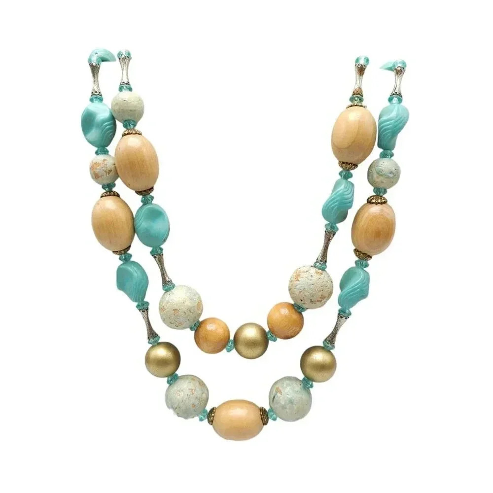 ART Signed Blue Cream Ball Beaded Double Strand Necklace Hook Closure Vintage